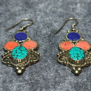 Tibetan Silver Lapis, Turquoise and Coral Earrings